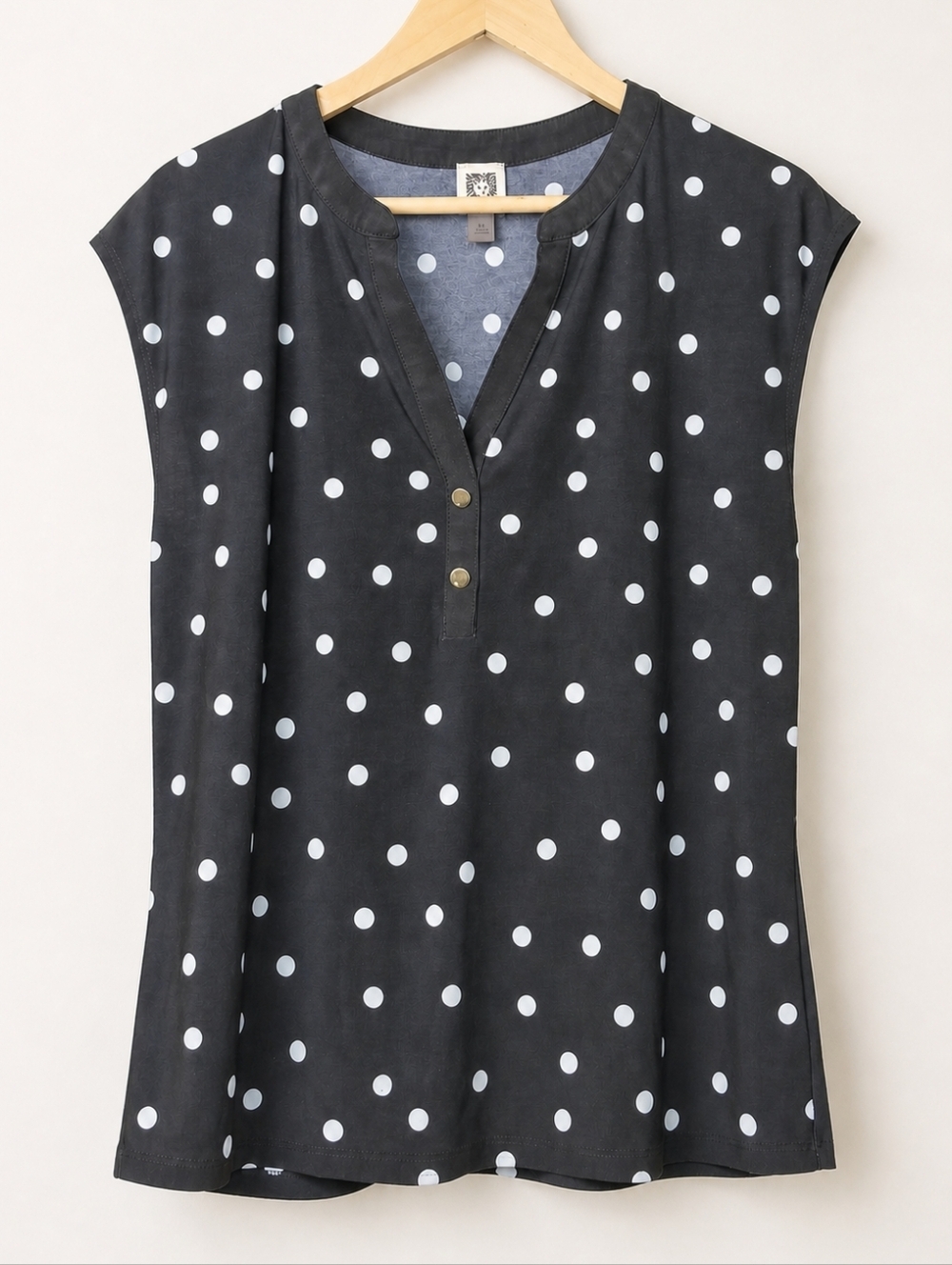 Anne Klein Black White Polka Dot Blouse Metallic Button Cap Sleeve Classic